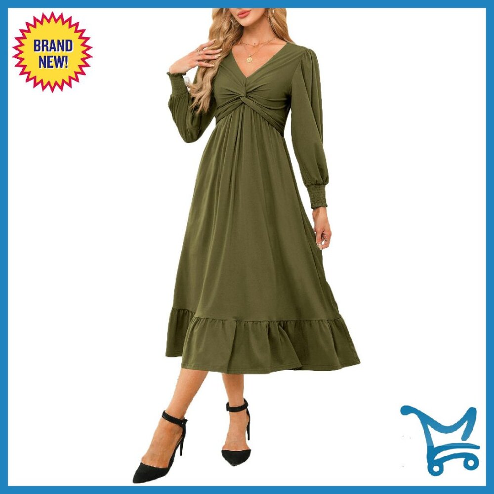 Wrap V-Neck Long Sleeve Empire Waist Midi Dress With Pockets